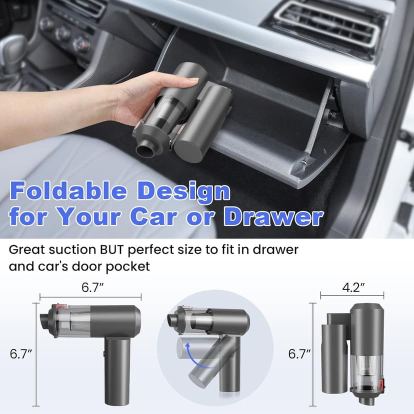 Car Vacuum Portable Cordless with 16000PA Ultra Suction 4-in-1 Foldable ​Air Duster & Brushless Motor Rechargeable Handheld Vacuum for Pet Hair, Car Seats, Home & Office Cleaning