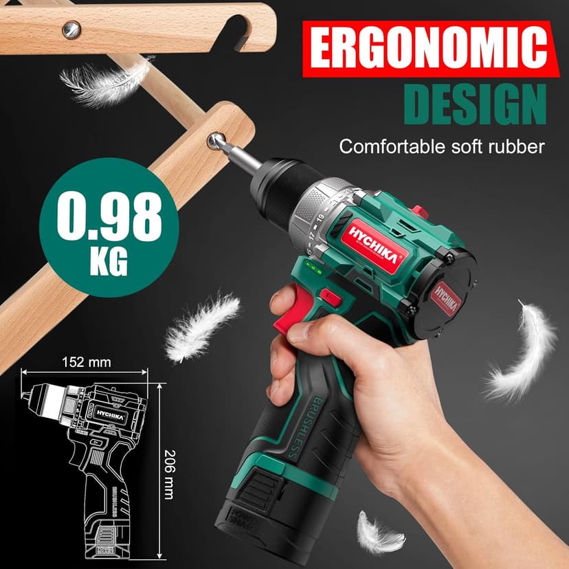 HYCHIKA Drill Set, True Brushless Power Drill Driver 16.8V Cordless Compact Drill Woman Man,410 IN-LB, LED Light,2 Variable Speed 23+1 Torque 3/8" Keyless Chuck, 1 Lithium-Ion Battery