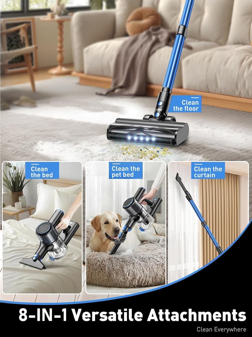 Cordless Vacuum Cleaner, 8-in-1 Vacuum Cleaners for Home, 45Mins Runtime, Anti-Tangle Stick Vacuum with LED Display, Rechargeable Lightweight Vacuum for Pet Hair/Carpet/Floor