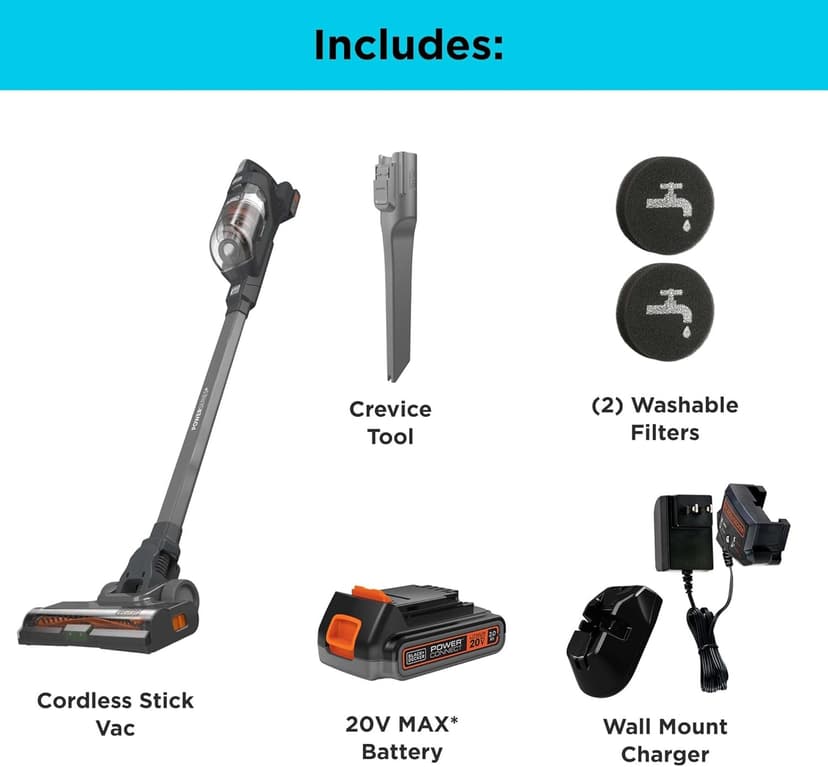 BLACK+DECKER POWERSERIES+ 20V MAX Cordless Stick Vacuum with LED Floor Lights, Lightweight, Removable Battery (BHFEA18D1)