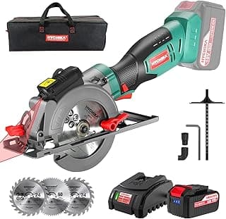 HYCHIKA Cordless Circular Saw, 18V Mini Circular Saw with 4.0Ah Battery, 3 Blades(4-1/2",4-9/10"), 3500RPM Max Cuting Depth:90°(48mm)/45°(32mm), Compact Circular Saw for Wood, Plastic and Soft Metal