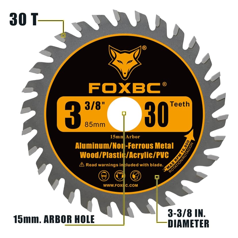 FOXBC 3-3/8 Inch Compact Circular Saw Blade Set, 15mm Arbor, Multi-Material Cut for Wood, Plastic, Metal, Tile Cutting - 6 Pack