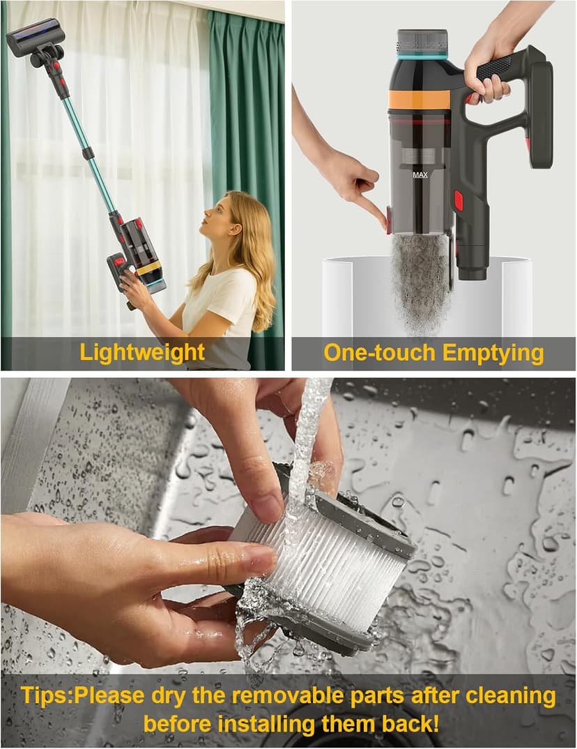 Cordless Vacuum Cleaner,550W/45KP/60Mins Stick Vacuum Cordless Rechargeable for Home/CarPet/Pet Hair/Floor-3 Suction Modes,Smart Screen&Headlight,Self-Standing,Removable Battery,Lighweight,Anti-Tangle