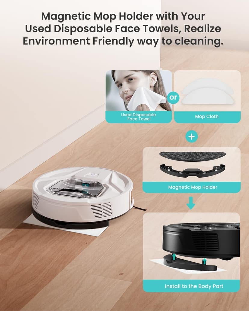 Lefant M320 Robot Vacuum with Mop Combo, 6500Pa Powerful Suction, 210 Mins Runtime, Slim, 800ml Visible Dustbin, Carpet Detection, Alexa Voice Control, Ideal for Hard Floor and Pet Hair, White