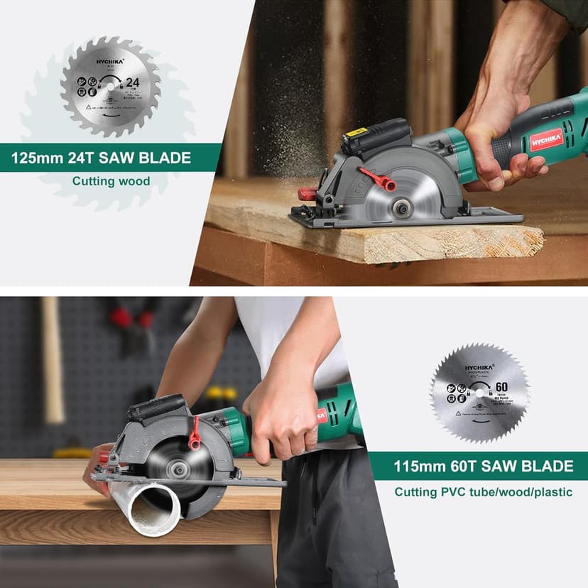 HYCHIKA Cordless Circular Saw, 18V Mini Circular Saw with 4.0Ah Battery, 3 Blades(4-1/2",4-9/10"), 3500RPM Max Cuting Depth:90°(48mm)/45°(32mm), Compact Circular Saw for Wood, Plastic and Soft Metal