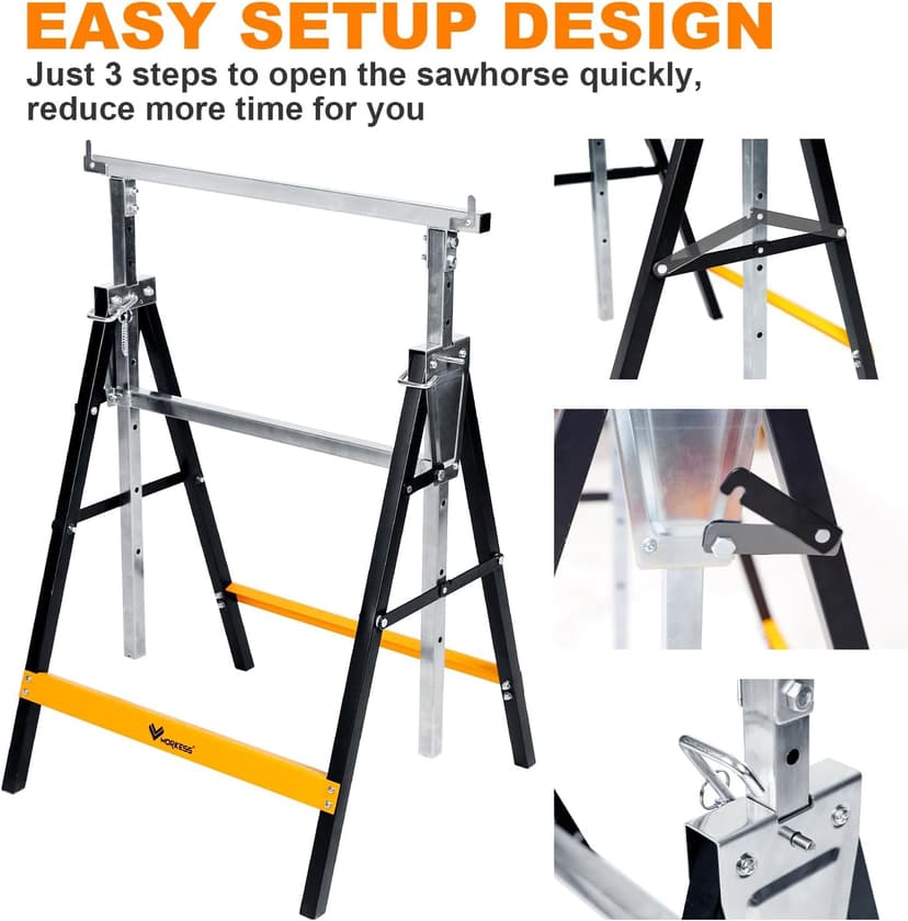 Metal Saw Horses 2 pack Folding Heavy Duty 880 lbs Load Capacity Saw Horse Adjustable 7 Level Height for Woodworking