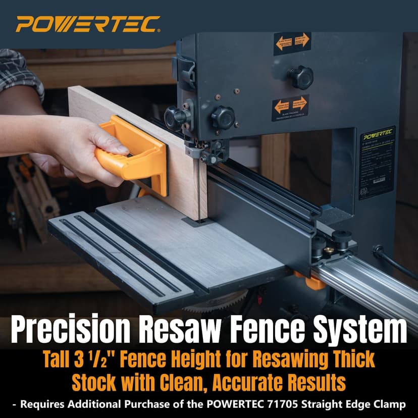 POWERTEC 16" x 3-1/2" Band Saw Fence - Resaw Fence Attachment for Bandsaw Tables & Drill Press, Compatible with POWERTEC Straight Edge Clamps (72260)