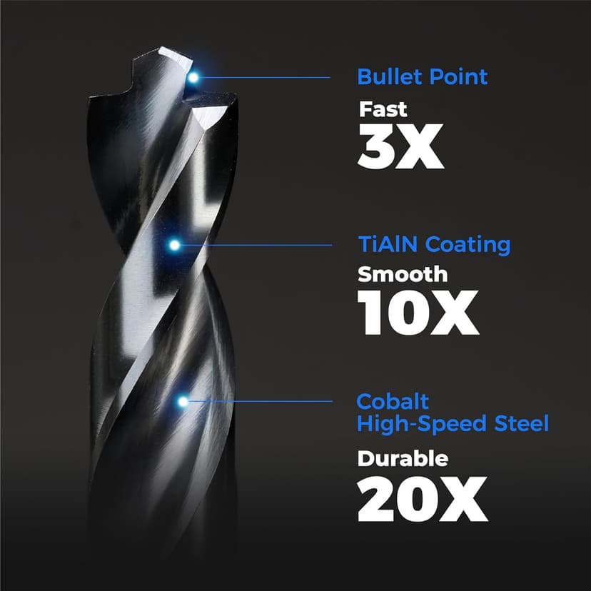 toolant Cobalt Drill Bit Set for Metal and Steel (Pro), Titanium Aluminum Nitride Coated (TiAlN) with Bullet Point Tip, for Hardened Metal, Stainless Steel, 21pcs 1/16"-1/2"