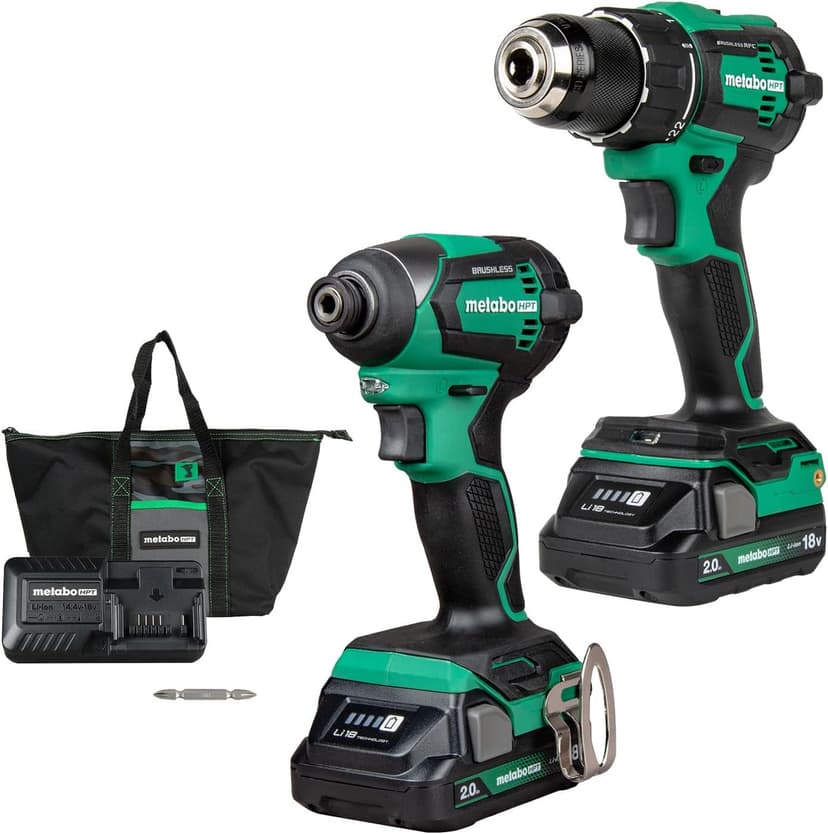 Metabo HPT 18V MultiVolt Cordless Brushless Driver Drill & Impact Driver Combo Kit, Power Tool Kit, 2 Lithium-Ion Metabo HPT Batteries and Charger, High Torque, Compact Lightweight Design, KC18DEXQB