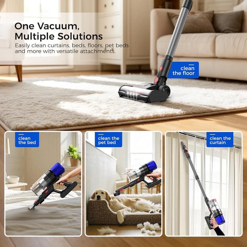 Cordless Vacuum Cleaner, 500W 50 Minutes Runtime Stick Vacuum for Pet Hair, Powerful Suction, Rechargeable, Lightweight, Handheld Vacuum Versatile for Carpet, Hard Floor (Starry Gray)