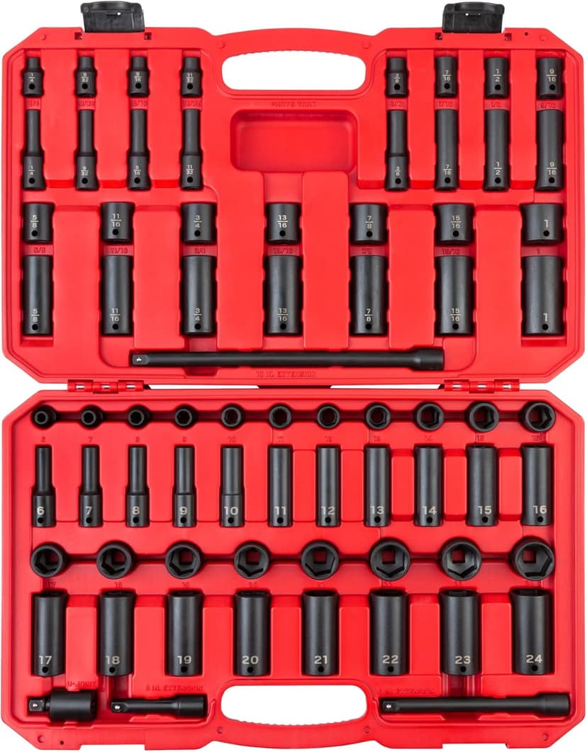 TEKTON 3/8 Inch Drive 6-Point Impact Socket Set, 72-Piece (1/4-1 in., 6-24 mm) | SID91404