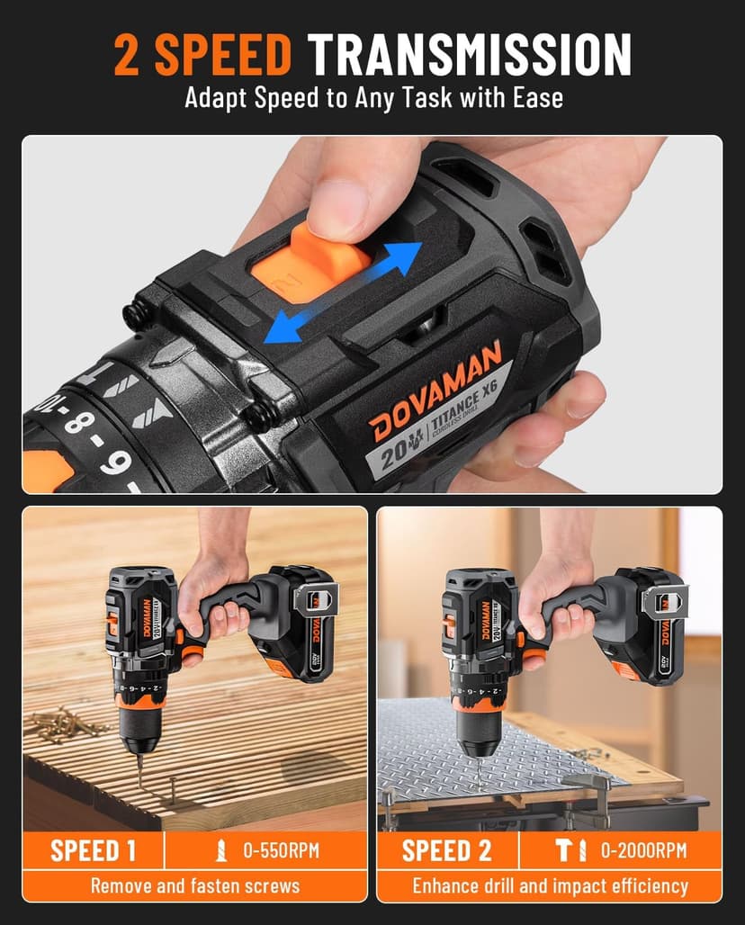 TITANCE X6 Advanced Cordless Drill Driver, 20V Brushless 1/2'' Impact Drill, 575 IN-LBS, 36000 BPM, 3-IN-1 Mode, 2-Speed, Metal Chuck, 2.0Ah Battery, Driver Kit for DIY Project & Home Use