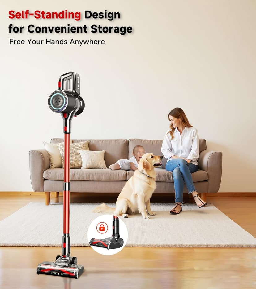 Cordless Vacuum Cleaner, 500W/40Kpa Stick Vacuum with 45Mins Runtime, Self-Standing Vacuum Cleaners for Home, Anti-Tangle, 1.5L Dust Cup, Rechargeable Vacuum for Hardwood Floor Carpet Pet Hair