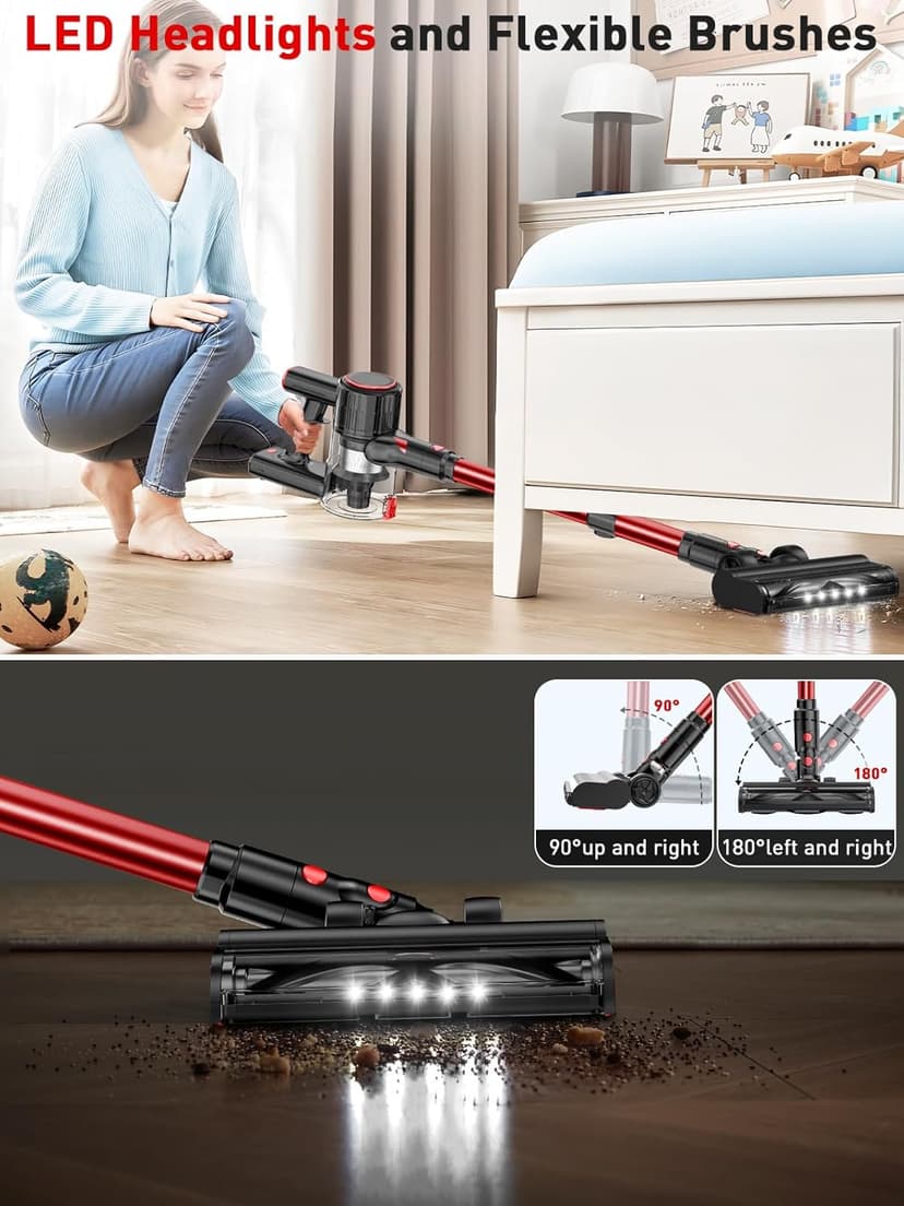 Cordless Vacuum Cleaner, 40Kpa 8-in-1 Vacuum Cleaners for Home, 45Mins Runtime Anti-Tangle Stick Vacuum with LED Display, 3 Modes Suction, Lightweight Vacuum for Hardwood Floor/Carpet/Pet Hair