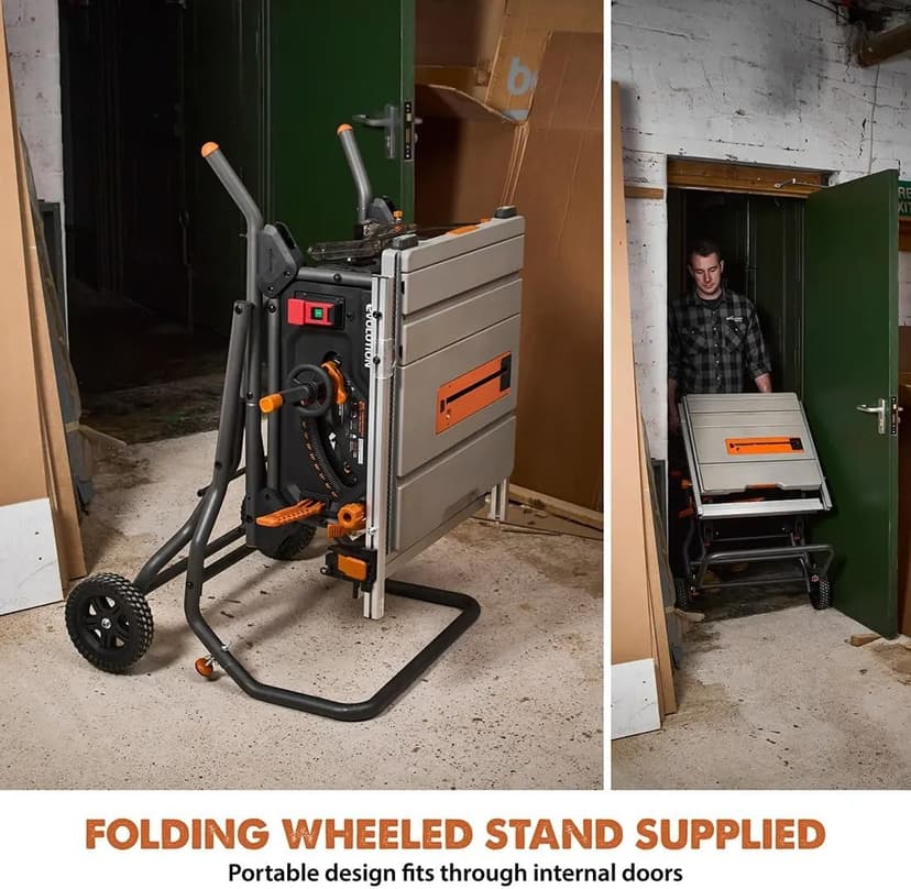 Evolution R10TBLX 10" Jobsite Table Saw with Wheeled Scissor Stand | 15A Motor | Multi-Material Cutting | 10" Blade | 26” Rip | 3-3/8” Depth | 0-45º Bevel | Precision Fence | Portable & Heavy-Duty