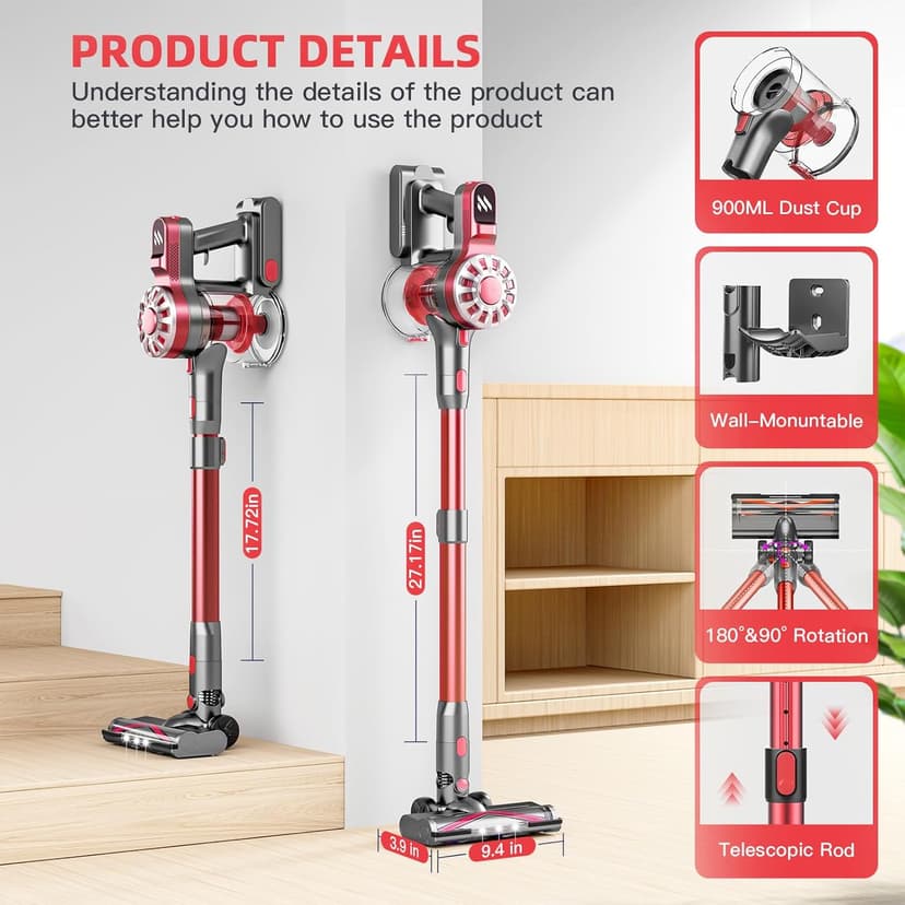 Cordless Vacuum Cleaner for Home with Powerful Suction,Lightweight Stick Vacuum Cordless Rechargeable with 35 Mins Runtime, Hardwood Floor Vacuum for Pet Hair,Carpet,Tile(Red)