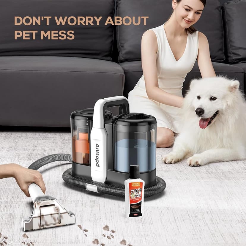 Portable Carpet & Upholstery Spot Cleaner, 15Kpa Powerful Suction & Spot Remover, Deep Stain Cleaning for Carpet, Car Seats, Pets, Stairs, Couches, with Dual Size BrushHead