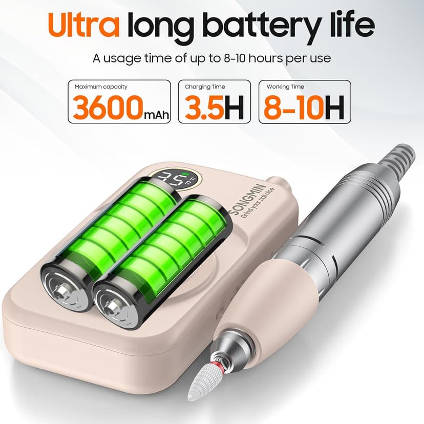 Professional Nail Drill 35000 RPM,SONGMIN Portable Cordless Efile with Bits Kit for Acrylic Nails Gel Polishing Removing,Rechargeable Electric Nail File Machine for Manicure,Pedicure Salon Home,Pink