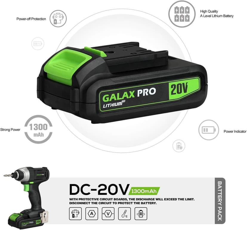 GALAX PRO Impact Driver 20 V Lithium Ion 1/4" Hex Cordless Driver with LED Work Light, 6 Pieces Screwdriver Bits, Variable Speed (0-2800 RPM)- 1.3 Ah Battery and Charger Included