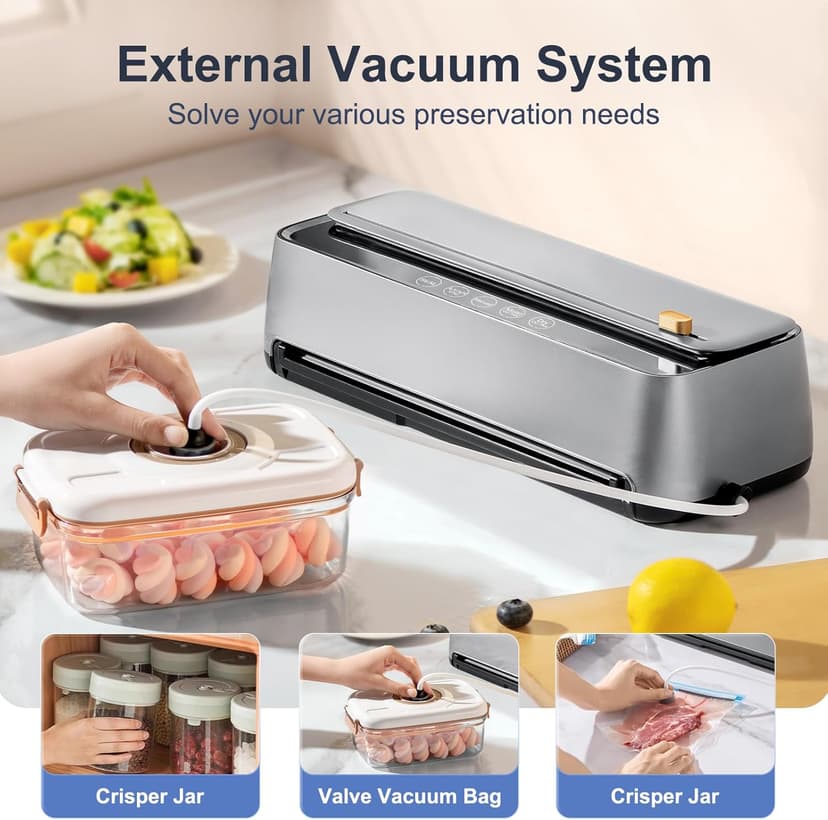 85Kpa Vacuum Sealer Machine for Food, 8-IN-1 Fully Automatic Food Sealer with Built-in Cutter & Bag Storage, Dry/Moist/EXT-VAC Modes, LED Touch Control, Includes 12 Vacuum Bags & 1 Roll Bag