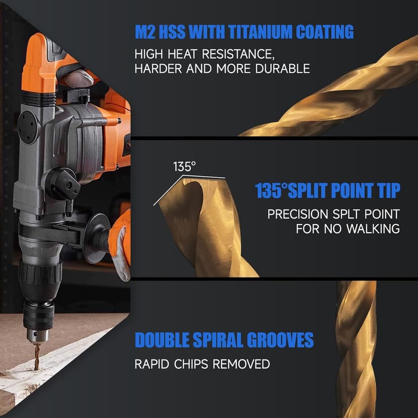 Pro Edge 24 Pcs Hex Shank Drill Bit Set for Impact Driver, Anti-Walking 135-Degree Tip, HSS Twist Titanium Drill Bits for Metal, Steel, Wood Plastic, with Storage Case (1/16"-1/2")