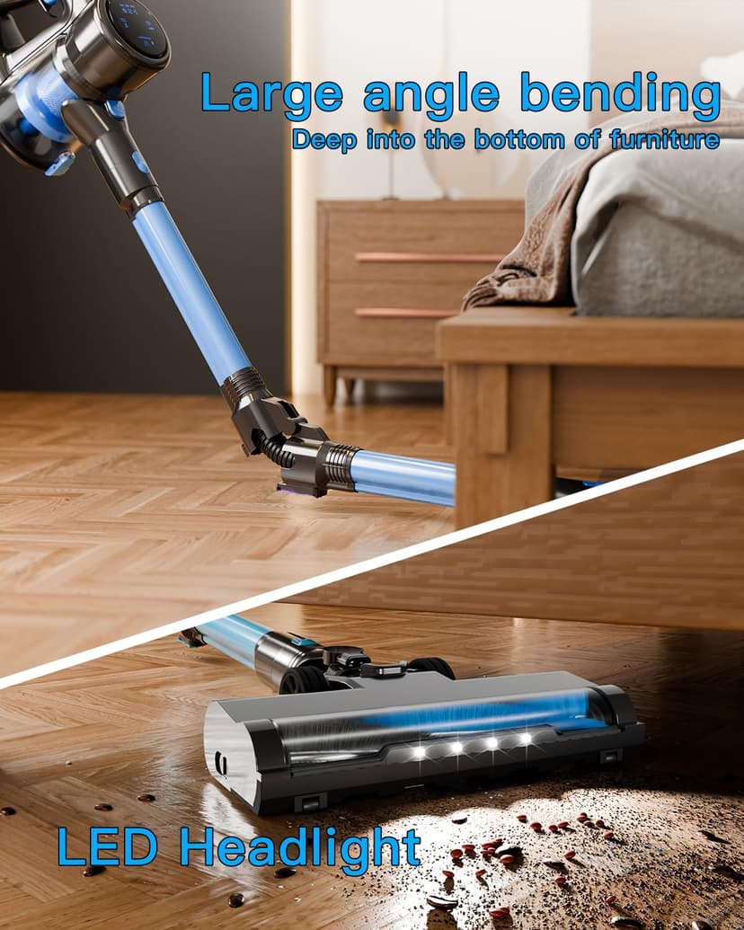 Cordless Vacuum Cleaner, 28KPA Suction Stick Vacuum with LED Headlight, 3 Modes 6-in-1 Lightweight Cordless Vacuum with 40Mins Detachable Battery Vacuum Cleaners for Home Hard Floor Carpet (Blue)