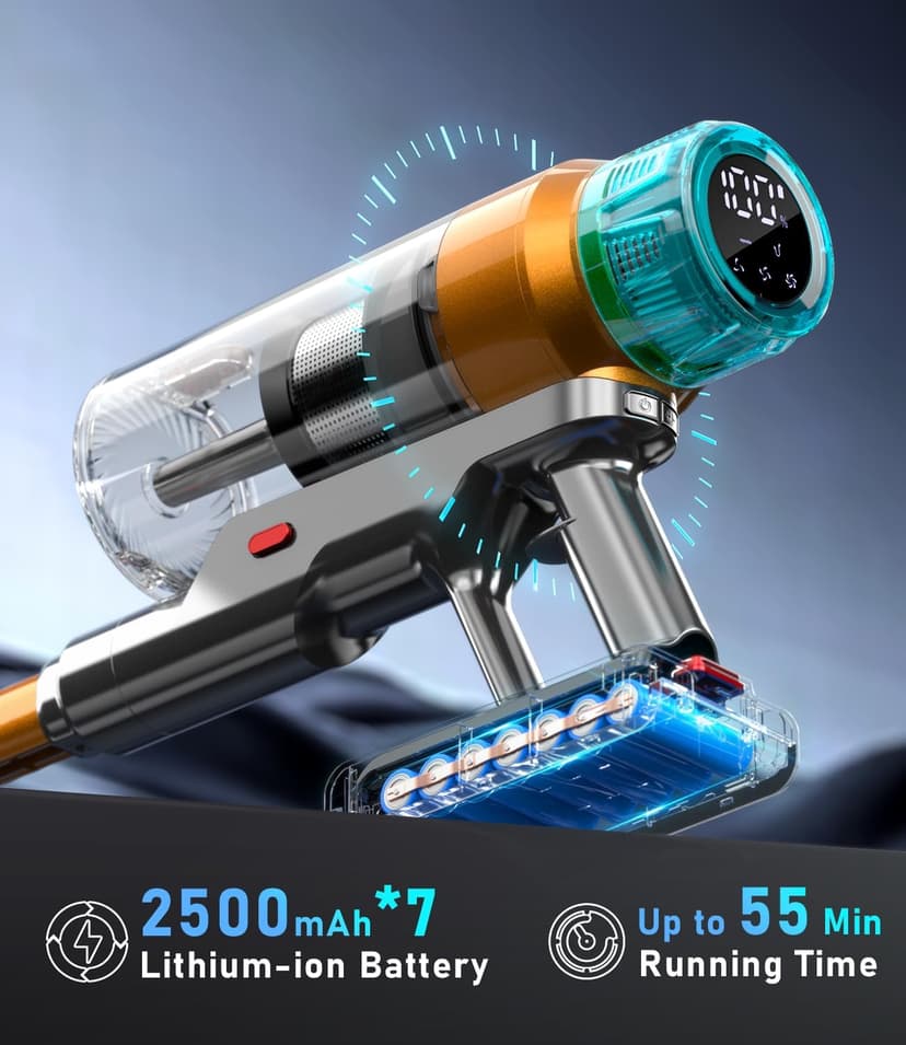 Cordless Vacuum Cleaner 600W 55Kpa Stick Vacuum,Up to 55Mins, Vacuum Cleaners for Home Rechargeable Wall Mount OLED Color Screen Anti-tangled Vacuum for Car,Hardwood Floor,Carpets,Pet Hair EHBL