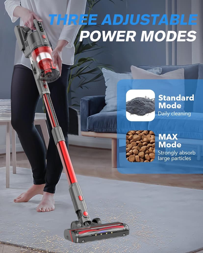 Cordless Rechargeable Vacuum Cleaners, Powerful Vacuum Up to 35 Mins Runtime with 85,000PRM Motor, 2 Adjustable Suction for Home (Gray Red)
