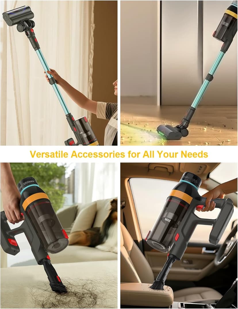 Cordless Vacuum Cleaner,550W/45KP/60Mins Stick Vacuum Cordless Rechargeable for Home/CarPet/Pet Hair/Floor-3 Suction Modes,Smart Screen&Headlight,Self-Standing,Removable Battery,Lighweight,Anti-Tangle
