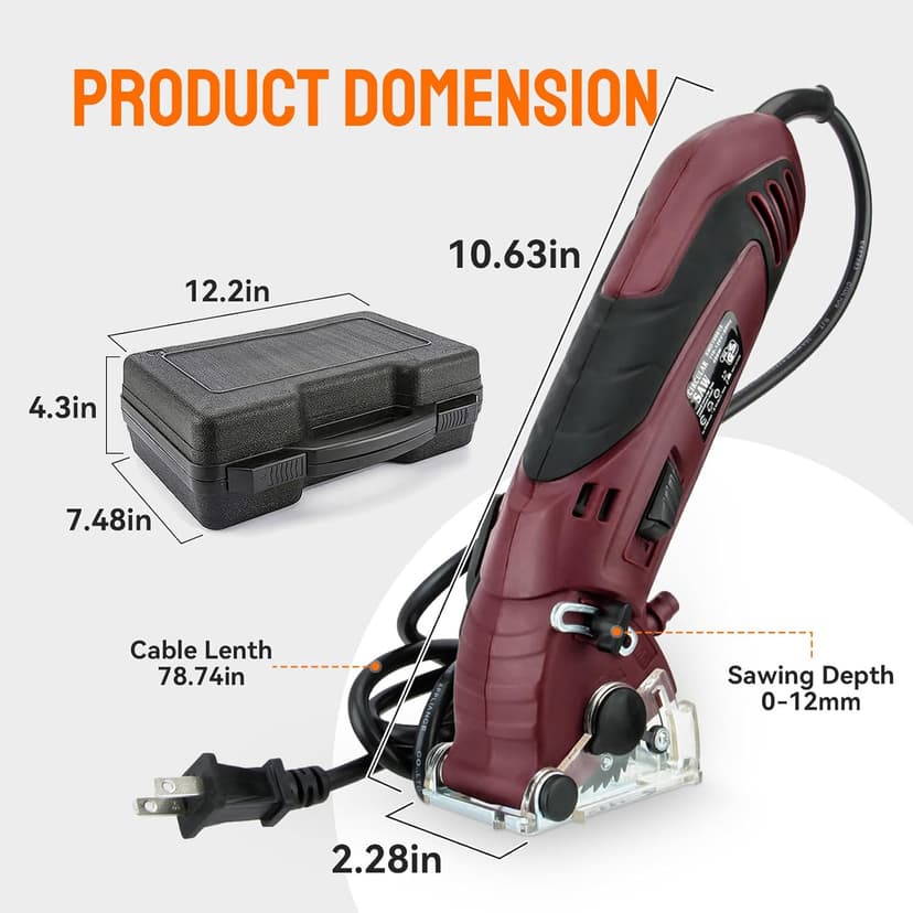 Mini Circular Saw Set, Handheld Circular Saw Corded 3400RMP 400W 110V Max Cutting Depth ½ Inch/12mm w/6 Blades, Multifunction Compact Circular Saw for Wood Drywall Tile Soft Metal PVC Pipe
