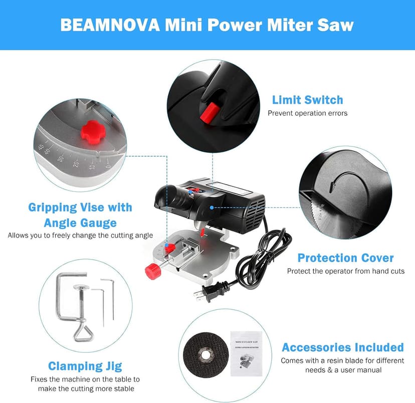 BEAMNOVA Mini Miter Saw Electric Power Table Benchtop Cut-Off Chop Max 45 Degree Cutting for Crafts Miniatures Metal Wood Plastic Compound Cutter