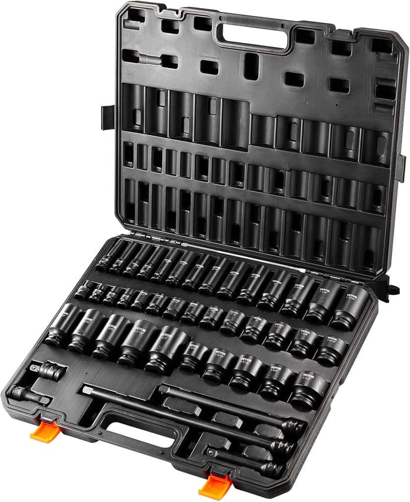 VEVOR Impact Socket Set 1/2" Socket Set 43 Piece Deep & Shallow SAE 3/8" to 1-1/2", 6 Point Cr-Mo Alloy Steel for Auto Repair, Easy-to-Read Size Markings, Rugged Construction, Storage Case
