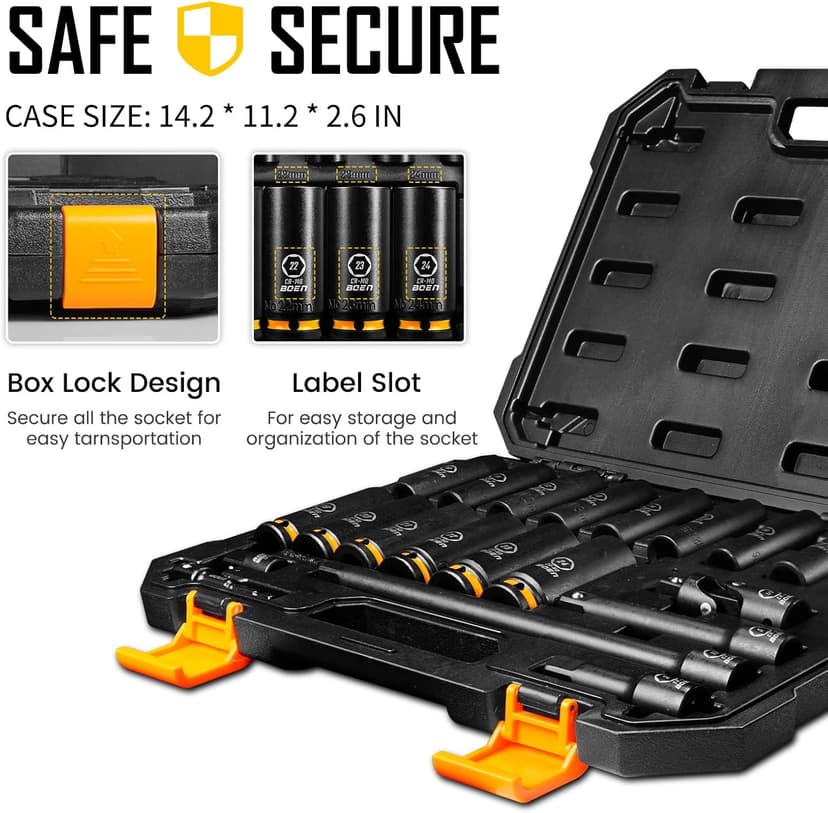 BOEN Pro 1/2" Drive Metric Deep Impact Socket Set, 21-Piece CR-MO &CR-V Steel, Upgraded Torque & Durability, 10mm-24mm, Includes Extension Bars, Universal Joint, Adapter – Meets ANSI