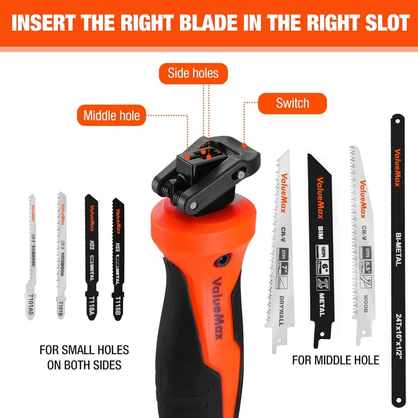 Valuemax 8-In-1 Multi-Blades Hand Saw, Quick-Change Mechanism Hacksaws with TPR Handle, CRV & Bimetal Blades, Drywall/Jab Saw, Handsaws for Wood, Metal, Plastic and Plywood