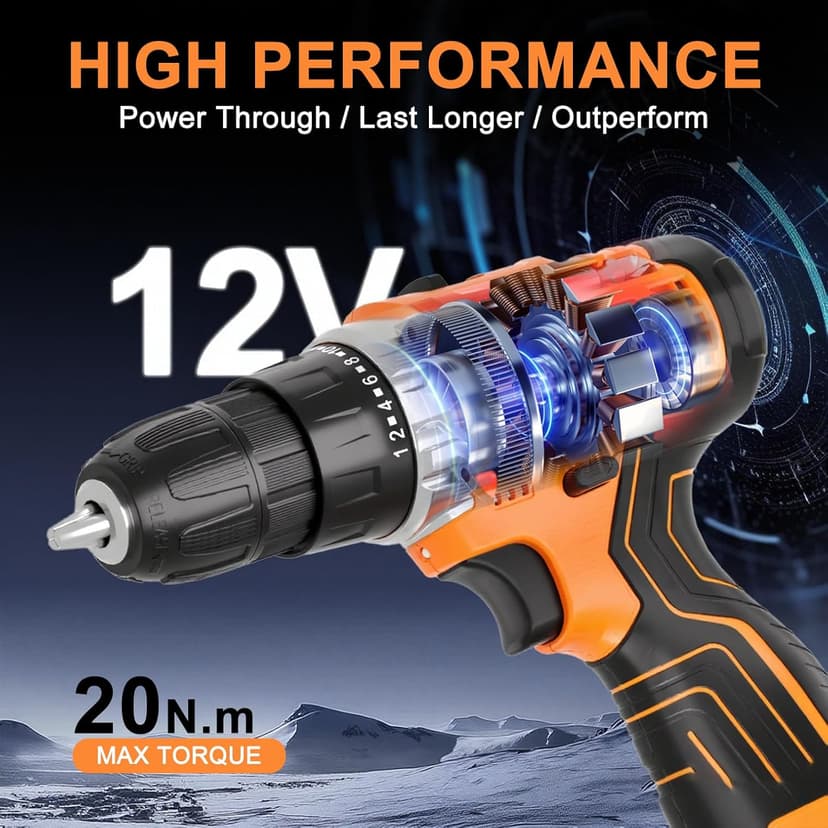 12V Cordless Electric Drill Driver Set, Powerful Lightweight Portable Rechargeable Screwdriver 65pcs Accessories,2-Speed, 24+1 Position for Wood/Wall Drilling & Screw Driving, Home DIY Tool woman man