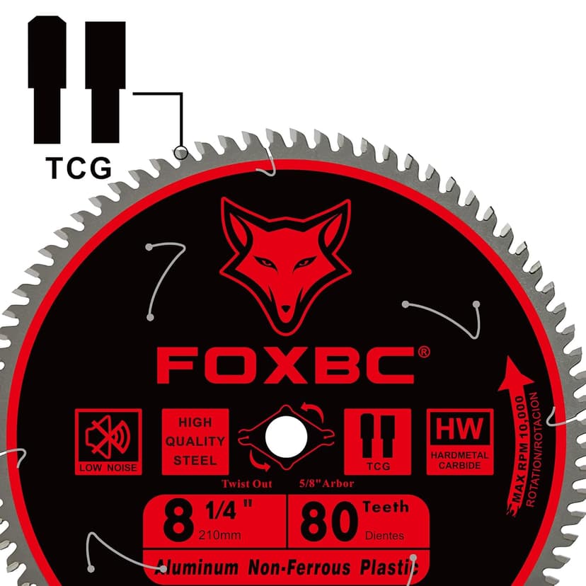 FOXBC 8-1/4 Inch Metal Cutting Table Saw Blade 80-Tooth TCG for Aluminum, Copper, Plastic, Brass, Fiberglass with 5/8-Inch Arbor