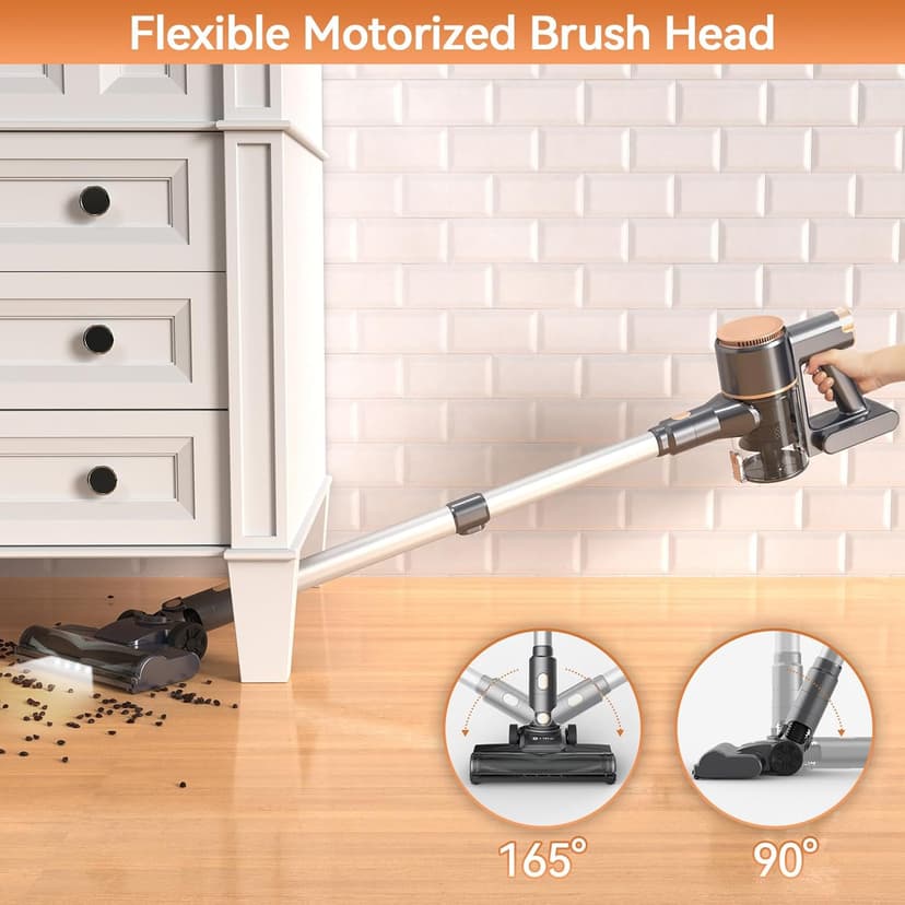 N8 Cordless Vacuum Cleaner, Lightweight Stick Vacuum with Powerful Suction, 2200mAh Battery, 40 Mins Runtime, Self-Standing, Rechargeable Vacuum Cleaners for Home Hardwood Floor Carpet Pet Hair (Gold)