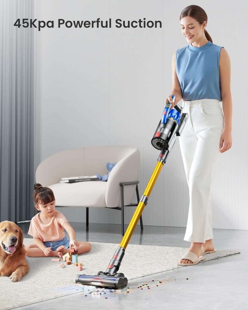 Cordless Vacuum Cleaner, 45Kpa 550W Vacuum Cleaners for Home, Max 70Mins Cordless Stick Vacuum with LED Screen, Dual Handle Anti-Tangle Rechargeable Vacuum for Hard Floors/Pet Hair/Carpet