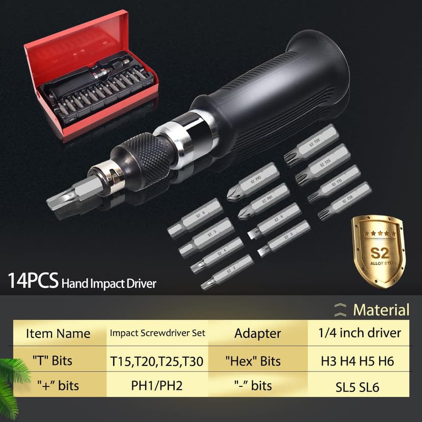 AKM Hand Manual Reversible Impact Driver Set Extractor Impact Screwdriver S2 Steel Much More Durable Disengage Rusted Fasteners or Frozen Bolts (1/4" Driver)