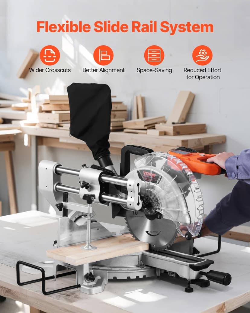 VEVOR Sliding Compound Miter Saw, 10-Inch Blade, 15 Amp Motor, 60-Tooth, Corded Double Bevel Sliding Miter Saw, LED Precision Alignment, Angle Adjustable, for Wood, Composite Decking, Laminates