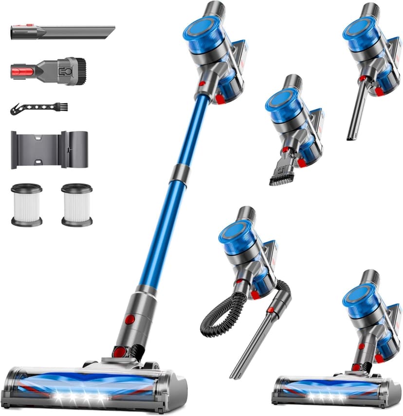 Cordless Vacuum Cleaner for Home, Powerful Stick Vacuum Cleaner with Rechargeable Battery, 6 in 1 Lightweight Handheld Vacuum, 45 Mins Runtime Cordless Vacuum for Hardfloor & Carpets Pet Hair,Blue