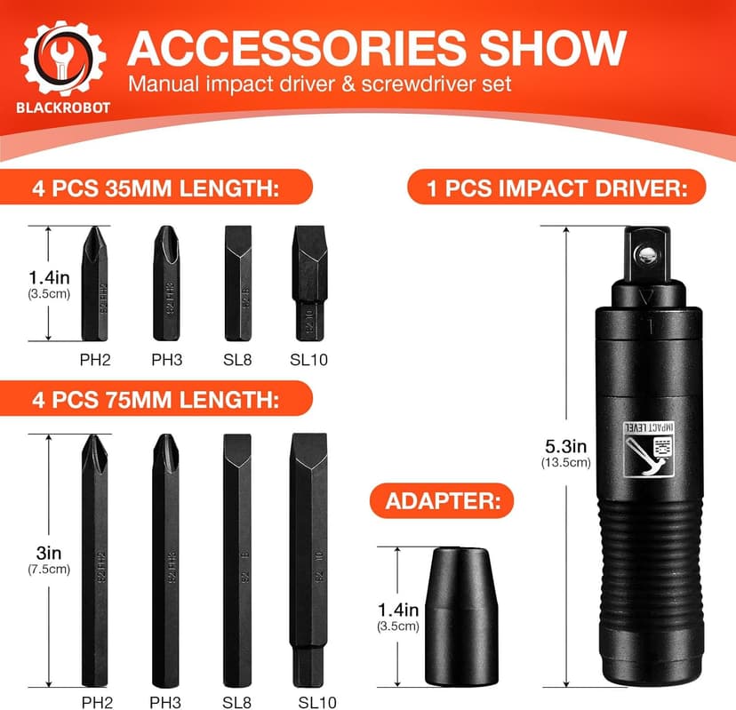BLACKROBOT 1/2 Inch Drive Impact Screwdriver Set, CR-V, Hand Manual Reversible Impact Driver Set Extractor, 5/16 Inch Bit Adapter with S2 Steel Bits, 10PCS, Disengage Rusted Fasteners or Frozen Bolts