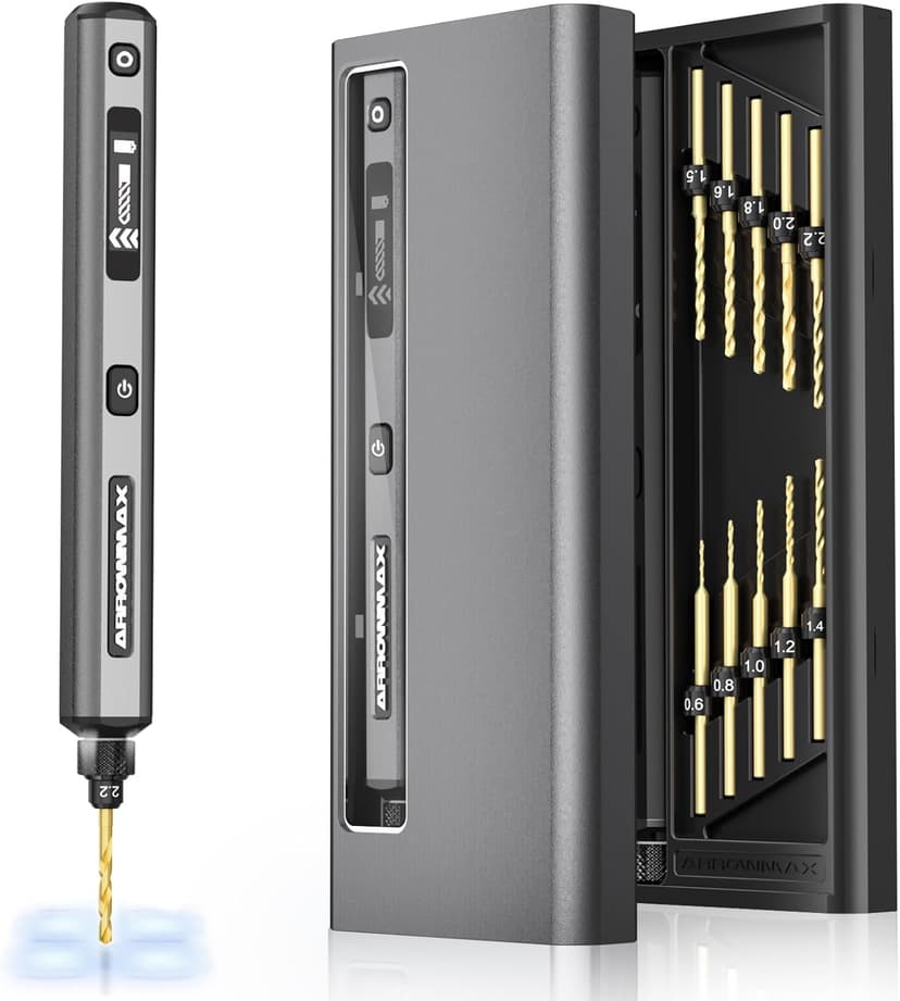 AM ARROWMAX Mini Drill Pen, 5-Speed, LED Lights, OLED Display, Aluminium Box, Resin Drill Set With 10 Small Bits, 3/32-Inch Shank, For Jewelry Making, Wood, Plastic