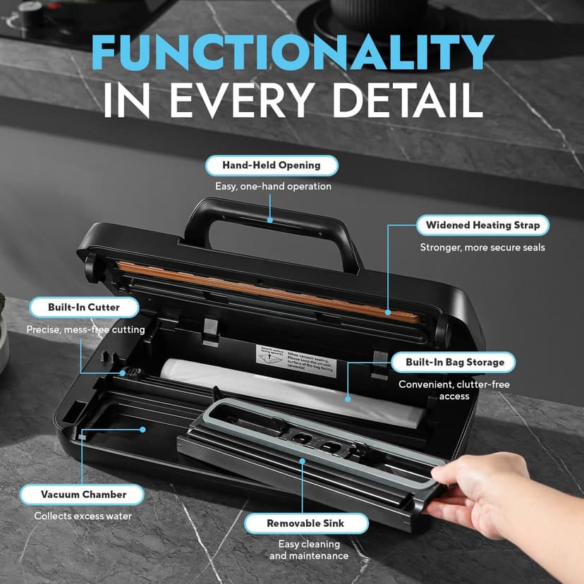 95Kpa Vacuum Sealer Machine for Food, 10-in-1 Presets with Sous Vide Mode, Double Heat Seal, Built-in Cutter & Bag Storage, Dry/Moist/Liquid, Compact Design, Easy-Lock Handle, Commercial Grade