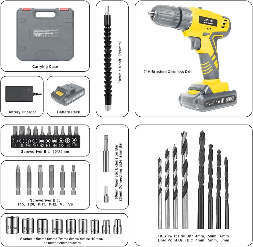 Jar-Owl 21V Cordless Drill Set, 0-1350RMP Variable Speed,350 in-lb Torque,10MM 3/8'' Keyless Chuck, 18+1 Clutch, 1.5Ah Li-Ion Battery & Charger for Home Tool Kit - Black & Yellow