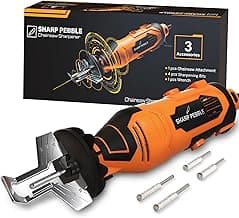 Sharp Pebble Electric Chainsaw Sharpener Kit - Comes with Chain Saw Sharpener Tool, 4 File Size Sharpening Wheel Bits, Angle Attachment, Wrench & eBook