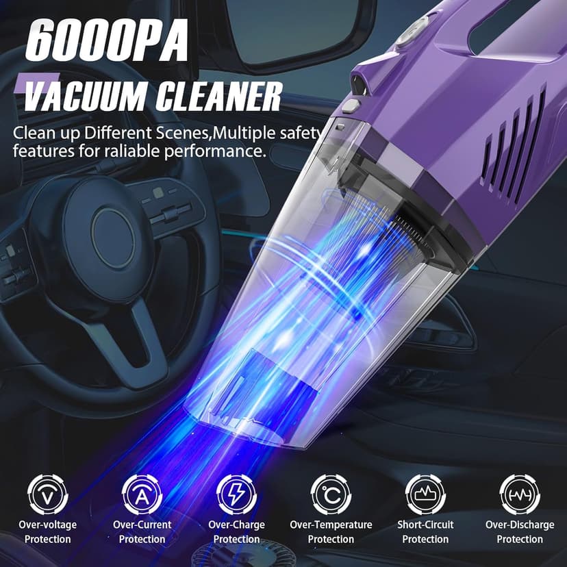 Handheld Vacuum Cordless - Car Vacuum Portable & Small Vacuum Cleaner with 6KPa Suction, USB Vacuum Cordless Rechargeable, HEPA Filter, LED Light for Pet Hair, Home, Car, Office - Includes Accessories