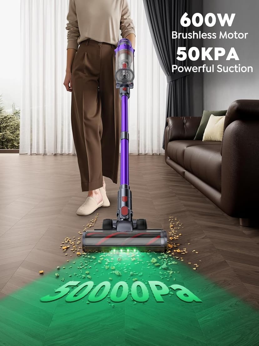 Cordless Vacuum Cleaner, 550W 45KPA 60 Mins Runtime Vacuum Cleaners for Home, Stick Vacuum with Self-Standing, Wall Mount Charging and Intelligent Auto Mode, Handheld Vacuum for Pet Hair/Carpet/Floor