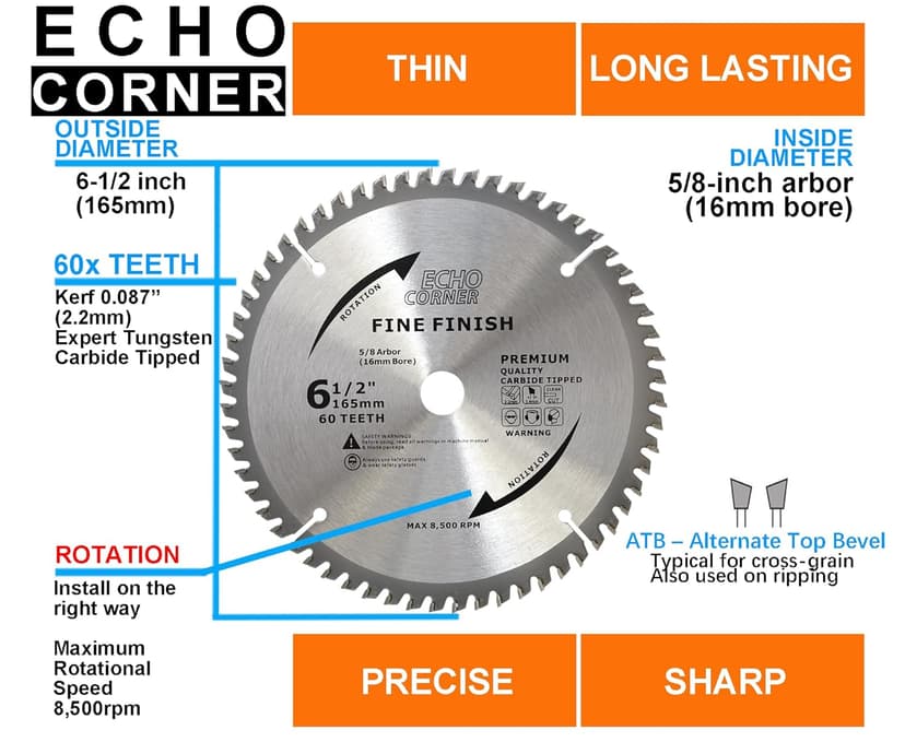 6-1/2 Inch Fine Finish Wood Cutting Circular Saw Blade, Fine Cut Crosscut Framing Plywood MDF Plastic Veneer Lumber Laminate, 5/8 Inch Arbor (60-Tooth)