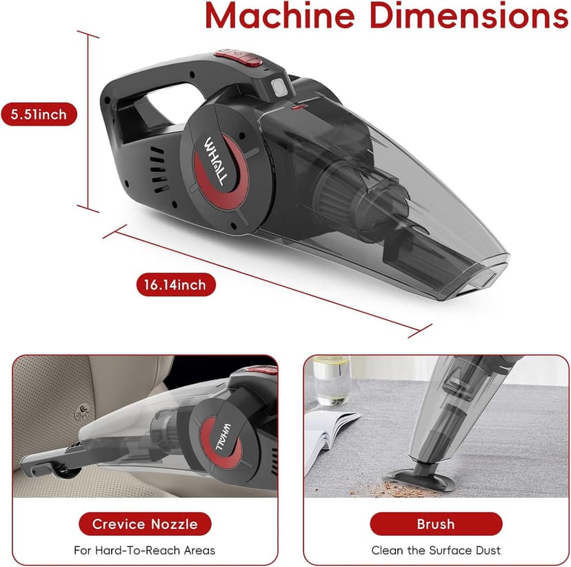 whall Handheld Cordless Car Vacuums, Wet and Dry Use 9000Pa Strong Suction Vacuums, Rechargeable Portable Vacuum Cleaner with LED, Charging Dock, Lightweight Mini Vacuum for Car, Home and Office, Red